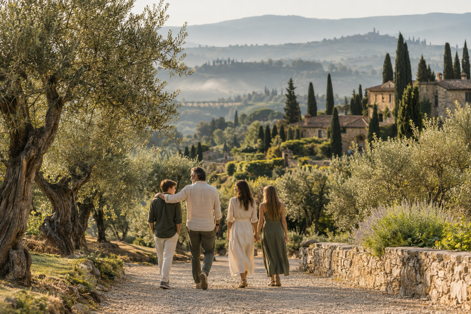 Família caminhando entre oliveiras na Toscana